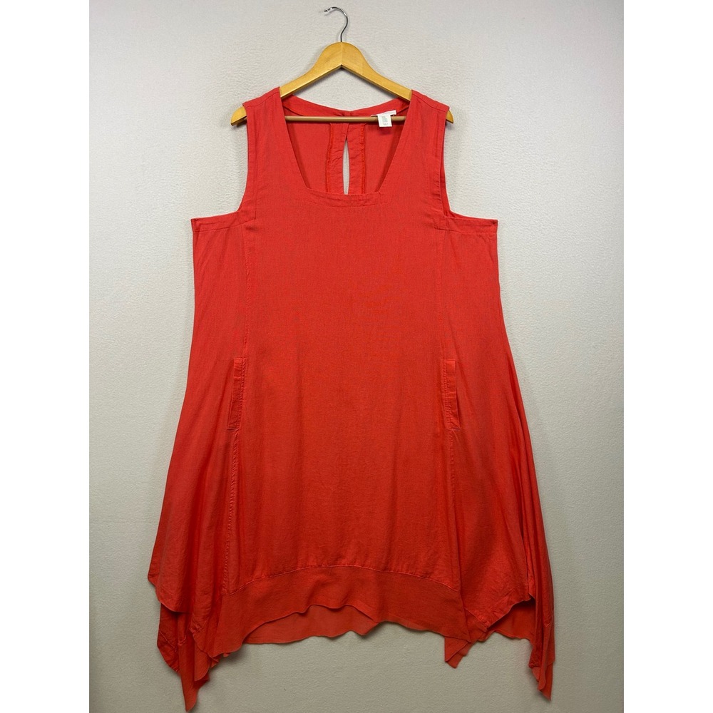 Lagenlook Cynthia Rowley Women 2X Coral Linen Blend Handkerchief Hem Tunic Dress